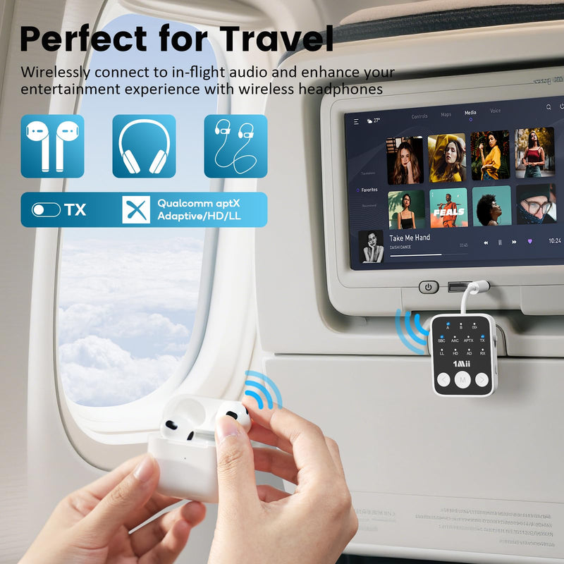 [AUSTRALIA] - 1Mii Bluetooth 5.3 Transmitter Receiver 2-in-1, aptX Adaptive & Low Latency Wireless Audio Adapter for Airplane, Dual Link 2 Devices, 25H Playtime, 3.5mm AUX for TV/Car/Home Stereo/Gym -White 