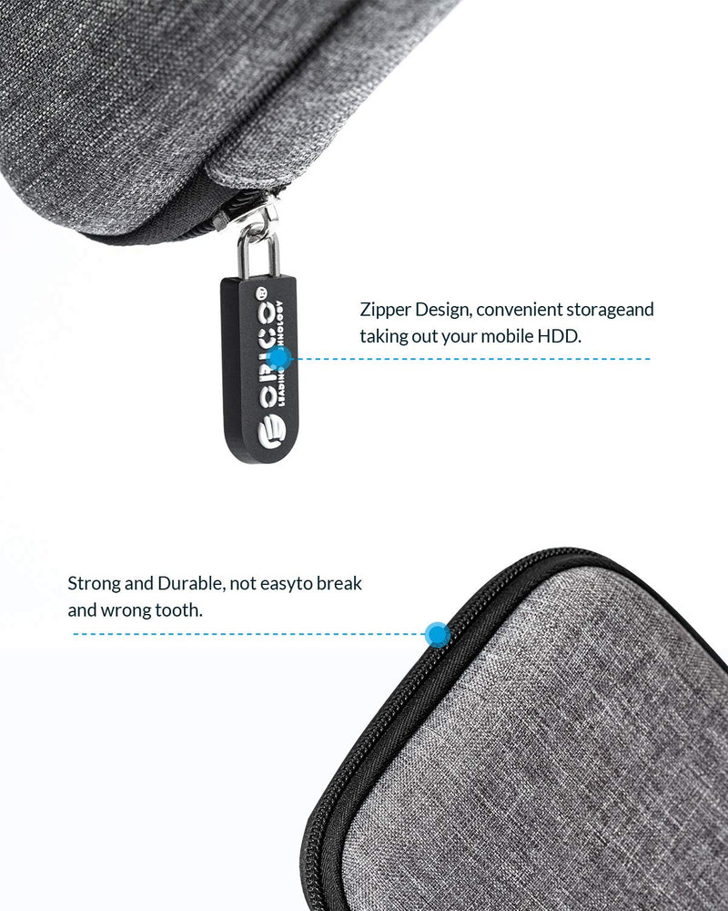 ORICO Hard Drive Case 2.5 inch External Drive Storage Carrying Bag Waterproof Shockproof with Inner Size 5.5x3.5x1.0inch for Organizing HDD and Electronic Accessories,Grey(PHD-25) Grey