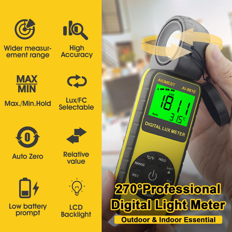 AIOMEST AI-881E Digital Light Meter, Handheld Foot Candle Meter for 0.1~300,000 Lux, Light Meter for LED Plant Grow Light, Indoor Outdoor Lights, Par Meter with 270°Rotatable Detector AI-881E (0.1~300,000Lux)
