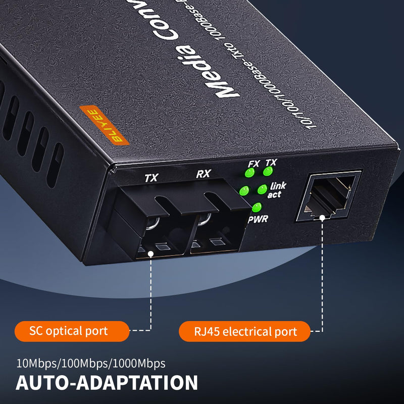 Gigabit SingleMode Fiber to Ethernet Media Converter, Dual SC Fiber, 1000Base-LX to 10/100/1000Base-Tx Gigabit SMF Fiber SC to Copper RJ45 Ethernet Converter, up to 20km, UL Certified Gigabit Single Mode Fiber to Media Converter