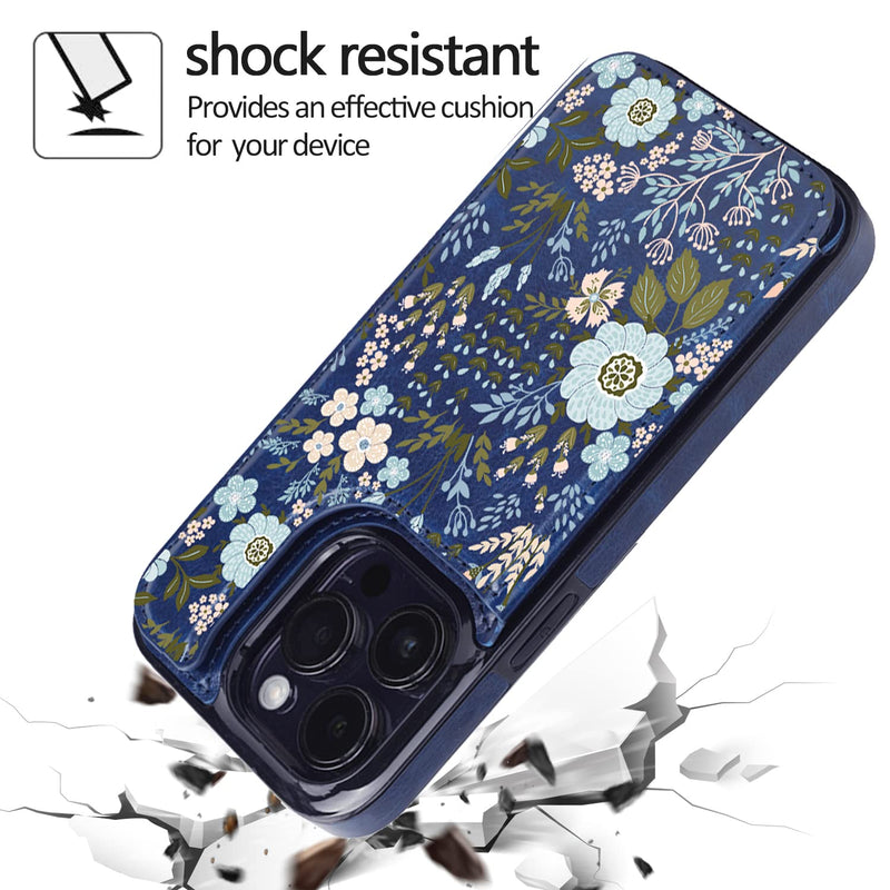 uCOLOR Compatible with iPhone 15 Pro 6.1" Wallet Case with Card Holder Slot Folio Flip PU Leather Kickstand Double Magnetic Clasp and RFID Blocking Design Cover 6.1 Inch (Navy Blue Flowers) Navy Blue Flowers iPhone 15 Pro 6.1"