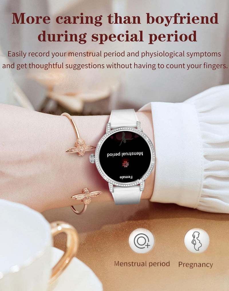 Diamond Smart Watch for Women Bluetooth Call 24/7 Blood Pressure Monitor Heart Rate&Sleep Tracker Fitness Activity Tracker Message Notifications Elegant Rhinestone Dress Smartwatch for IOS & Android Silver-Steel band