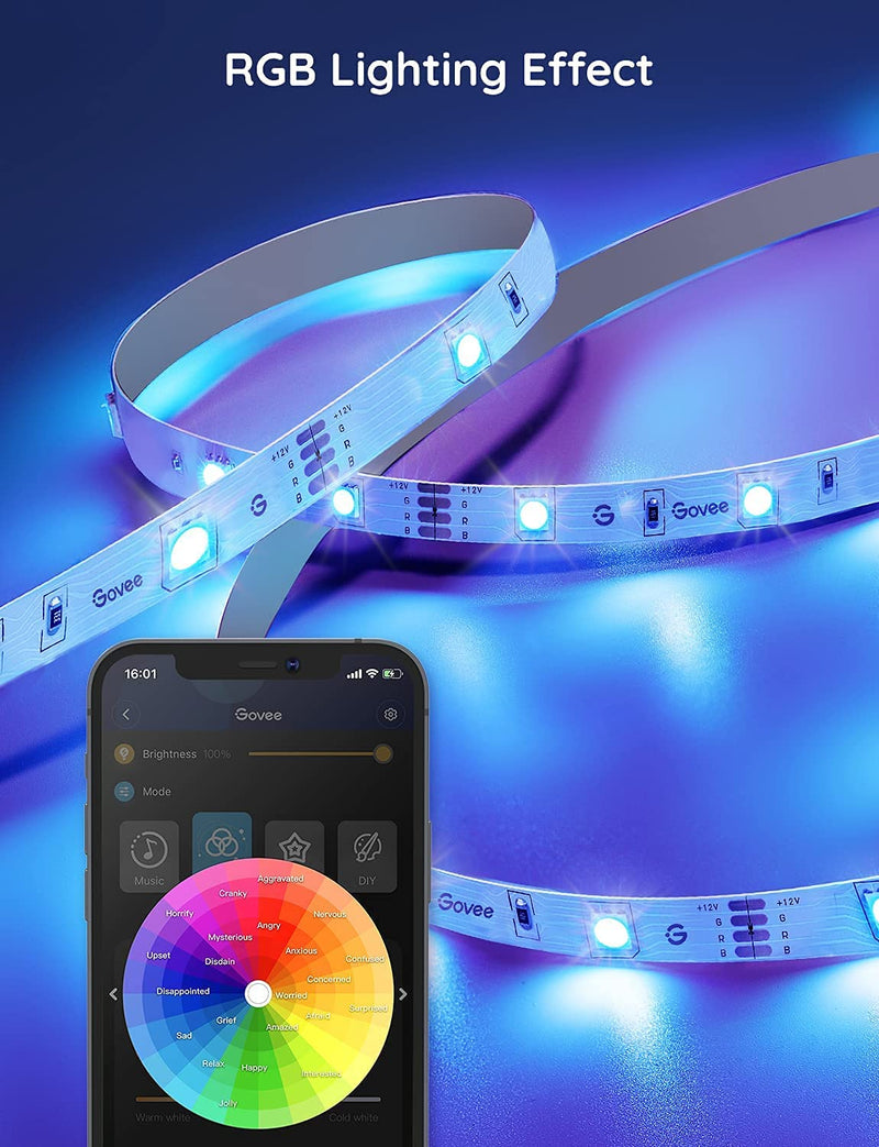 Govee Smart WiFi LED Strip Lights, 50ft RGB Led Strip Lighting Work with Alexa and Google Assistant, Color Changing Light Strip, Music Sync, LED Lights for Bedroom, Party, Easy to Install