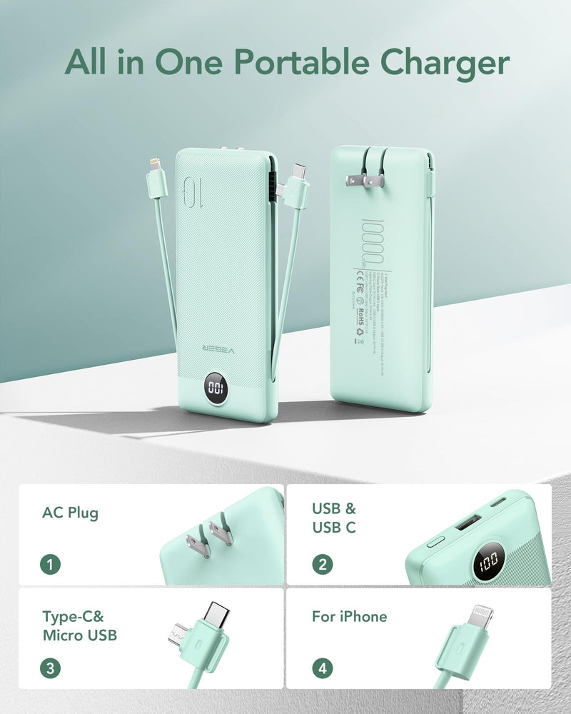 VEGER Portable Charger for iPhone with Built in Cables and Wall Plug, 10000mah Slim Fast Charging USB C Power Bank, Travel Essential Battery Pack Compatible with iPhone, iPad, Samsung etc(Green) Green