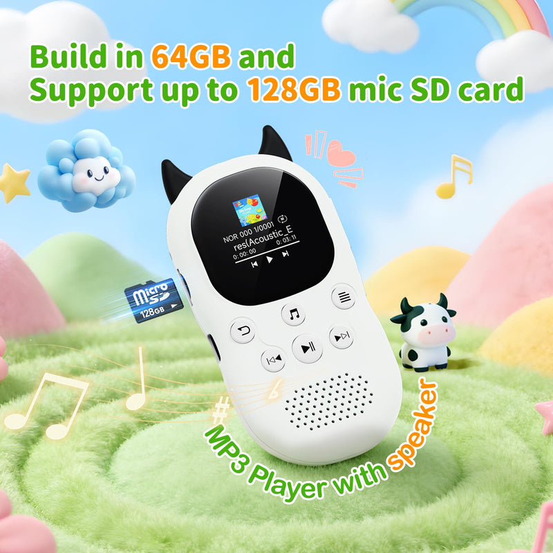 [AUSTRALIA] - 64GB mp3 Player for Kids with Bluetooth 5.3,Child Music Player with Speaker, FM Radio, Voice Recorder, Alarm Clock, Stopwatch, One Click to Play, Expandable up to 128GB,Cute Cow Shape, Free Lanyard Off-white 