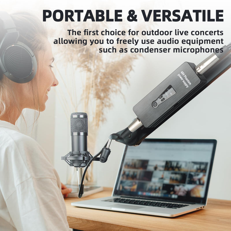 Depusheng Phantom Power Supply 48V/12V Switch, Rechargeable Portable Phantom Power for Condenser/Interview Shotgun Microphone, Audio Interface, Recording Studios, Up to 40h Working Time