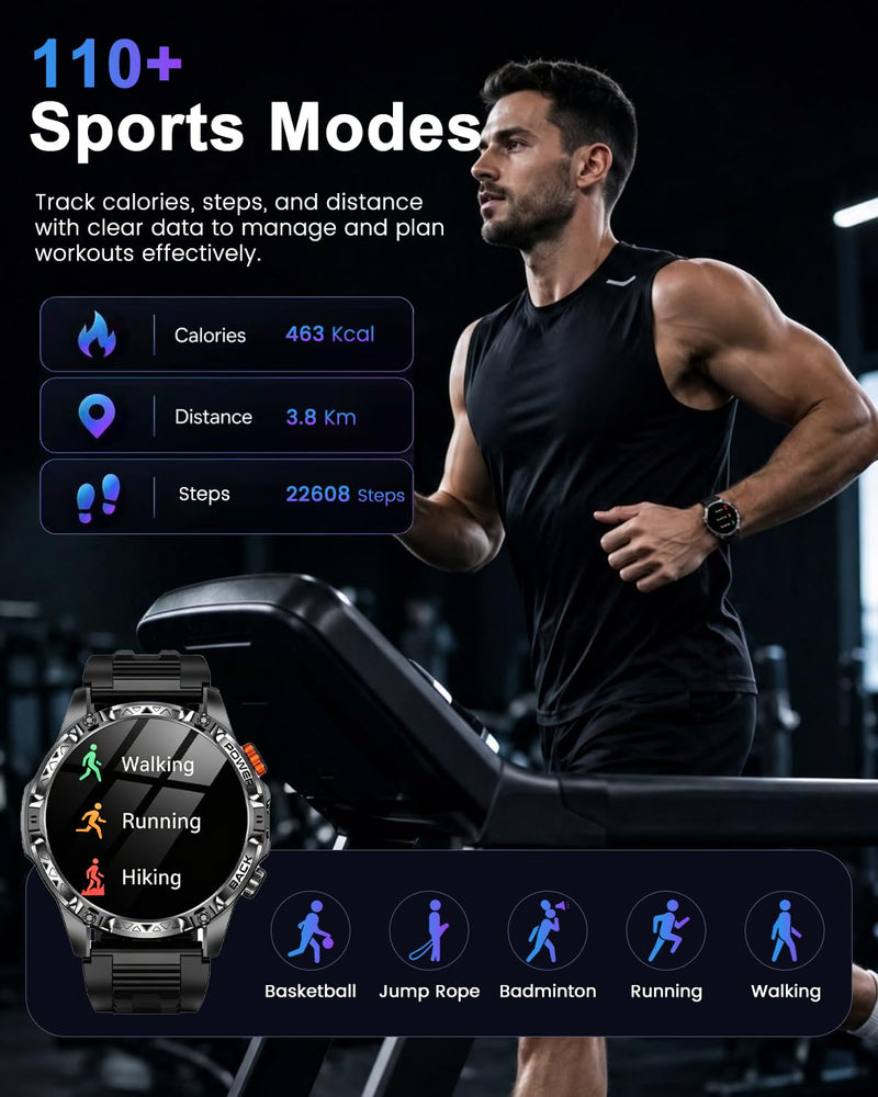 Rugged Smart Watch for Men, 1200mAh Battery, 1.7" AMOLED Display, Bluetooth Calling, IP68 Waterproof (Not for Swimming), 100+ Sports Modes, Compass & LED Flashlight for iPhone & Android