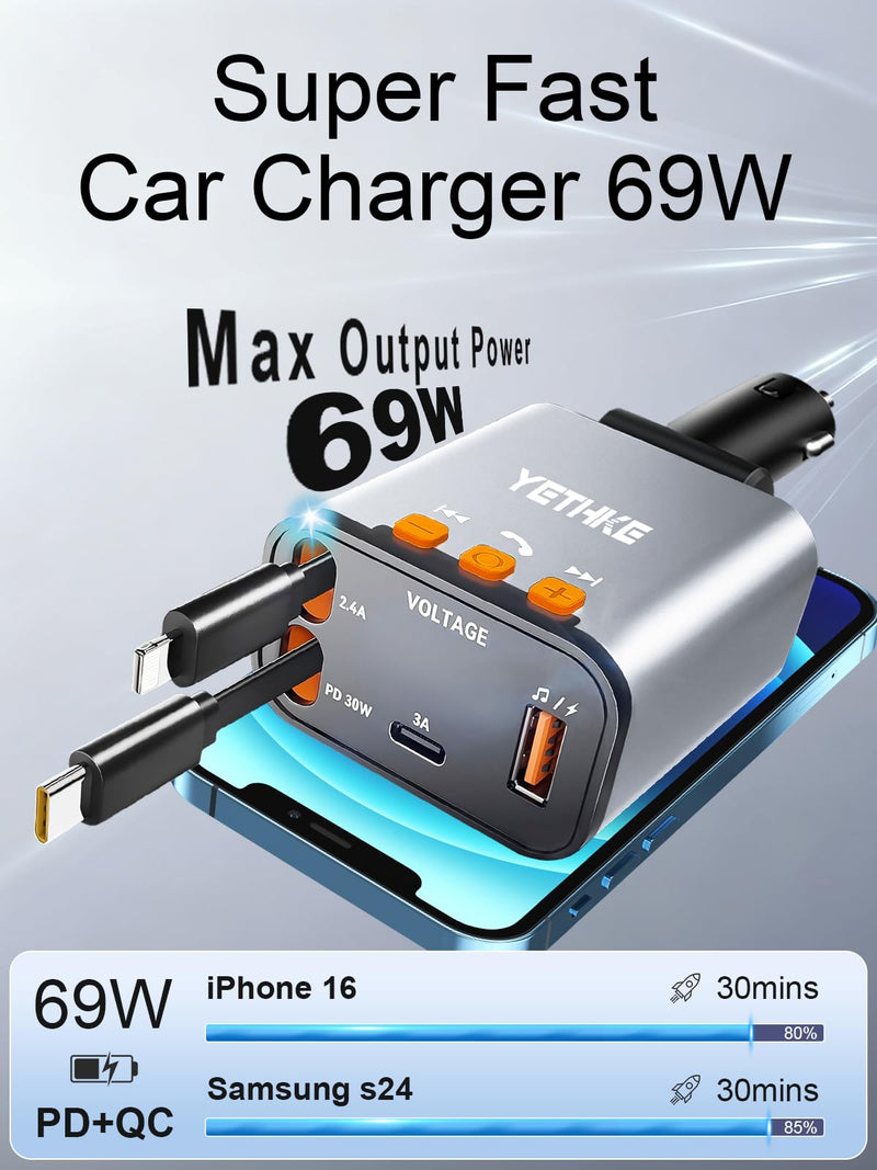 [AUSTRALIA] - Bluetooth Car Adapter with Retractable Charger,[Upgrade] Bluetooth 5.4 FM Transmitter for Cars, 4 in 1 Fast Car Charger 69W, Handsfree Call, 2*Retractable Cable for iPhone 17/16/15/14, Galaxy-Silver Silver 