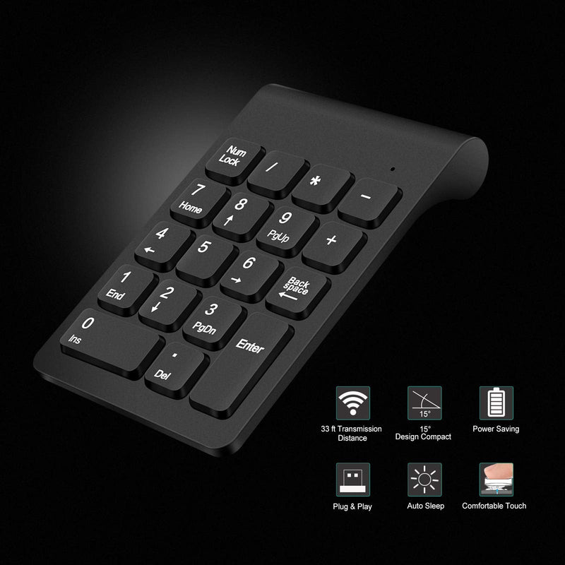 Wireless Numeric Keypad, TRELC Mini 2.4G 18 Keys Number Pad, Portable Silent Financial Accounting Numeric Keypad Keyboard Extensions with Wireless Mouse for Laptop, PC, Desktop, Notebook(Black) Black