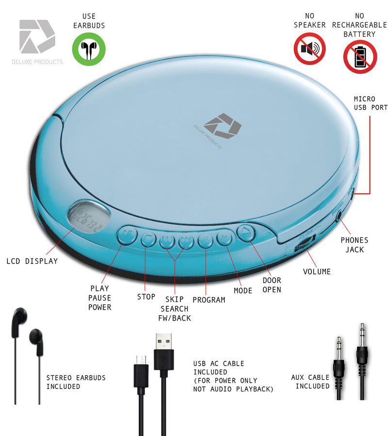 Deluxe Products CD Player Portable with 60 Second Anti Skip, Stereo Earbuds, Includes Aux in Cable and AC USB Power Cable for use at Home or in Car. Blue Blue_CD