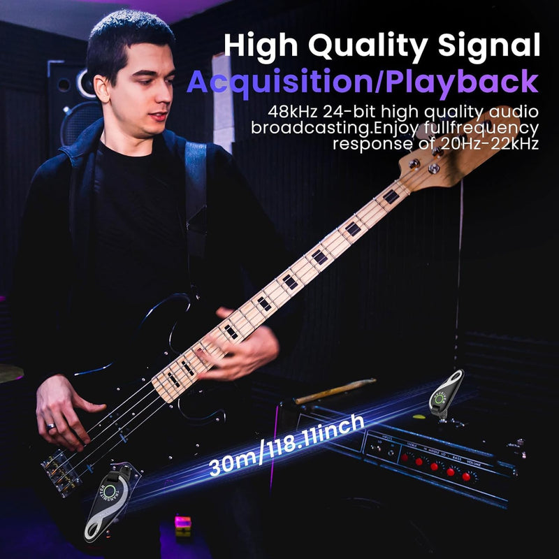Wireless Guitar System 2.4 GHz, Professional Starter Rechargeable Audio Wireless Guitar Transmitter Receiver for Guitar, Bass, Electronic Instruments (H1)