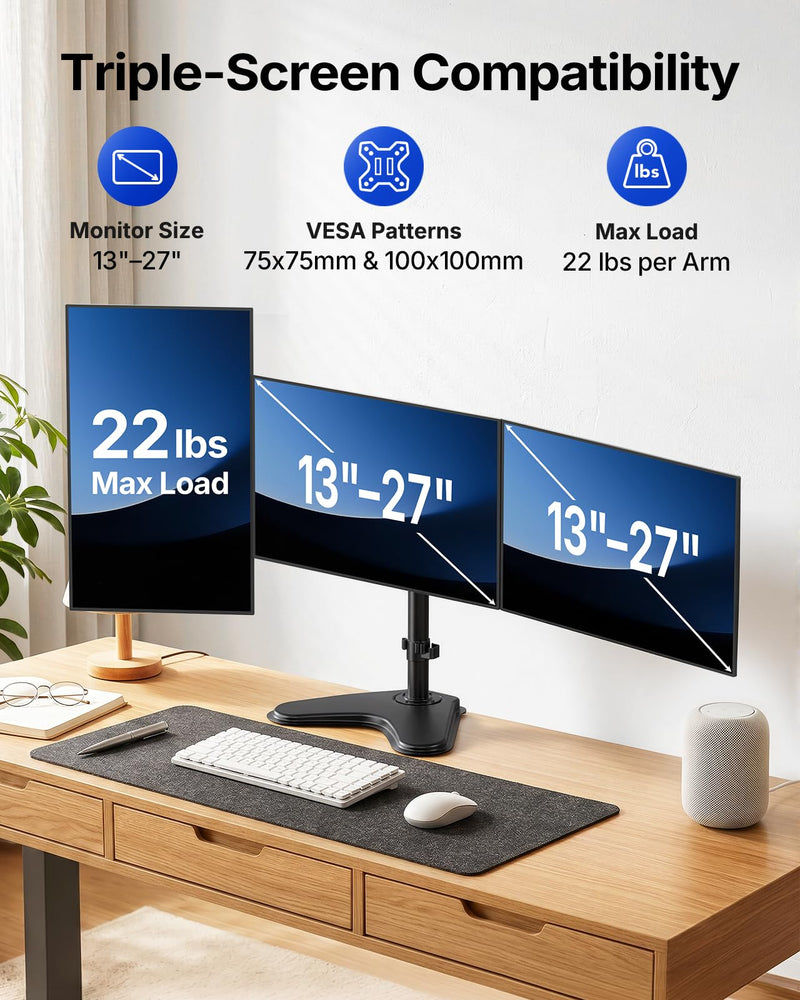 HUANUO Triple Monitor Stand for 13-27 Inch Screens, 3 Monitor Mount | Free Standing & Grommet Base, 40% Thicker Pole, Larger Base, Tilt, Swivel, Rotation, Holds up to 22 lbs, VESA 75x75/100x100mm