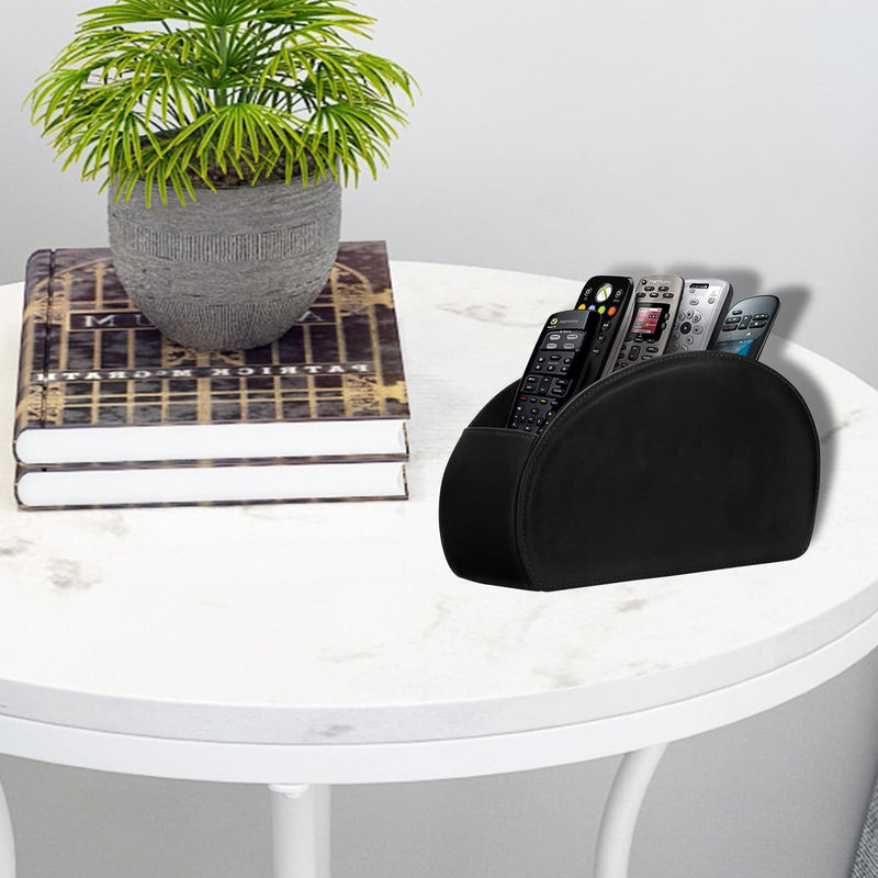 Leather Remote Control Holder with 5 Compartments TV Remote Caddy Storage Box/Tray,Desktop Organizer Store Controller,Glasses,Brush,Media Player,Pen,Space Saver for Bedside Table/Office Desk(Black) black