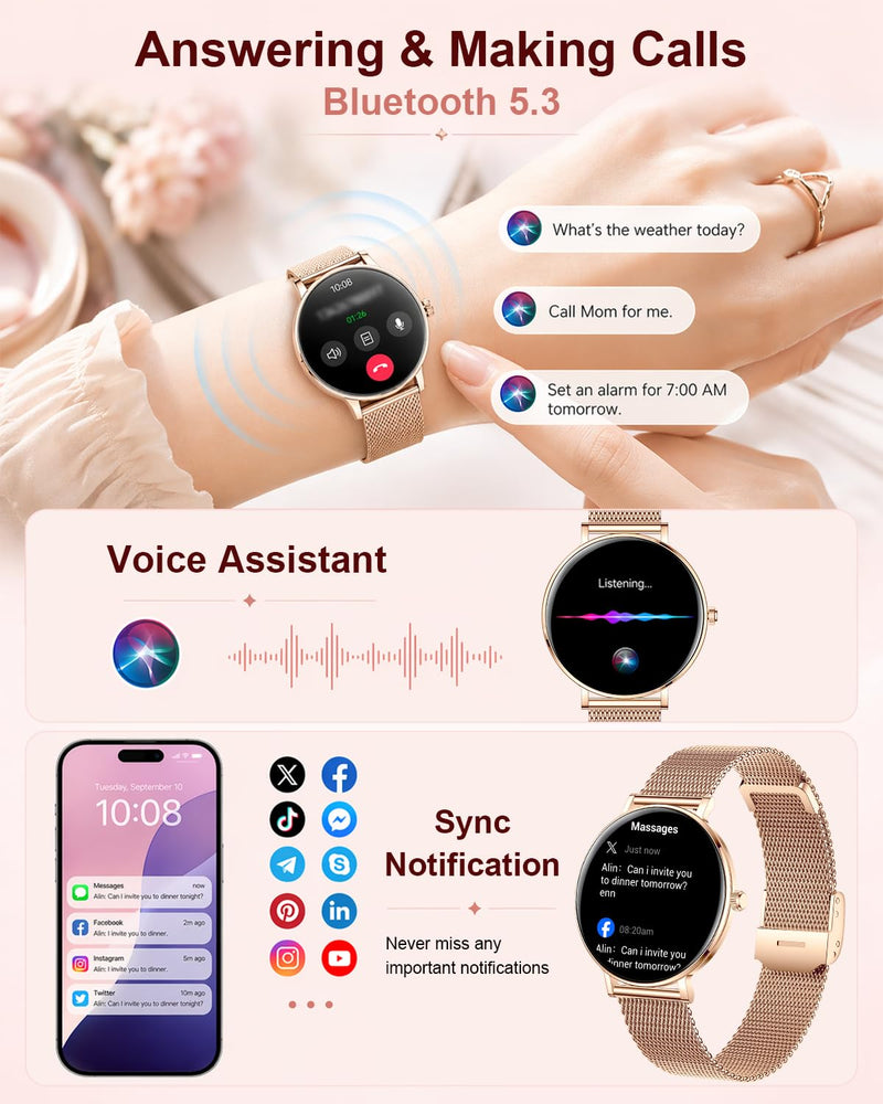 Smart Watches for Women,1.32'' AMOLED Ultra-Thin Smart Watch with Bluetooth Make/Answer Call,Heart Rate/SpO2/Sleep Tracker,120+ Sport Modes IP68 Fitness Watch Android/iOS Compatible,4 Straps,Rose Gold Rose Gold(4 Bands)