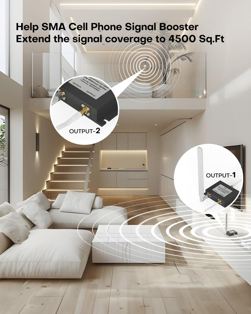 2 Way Signal Booster Splitter with SMA Female Connectors, | 698-2600 MHz Wide Band Cell Phone Booster Accessory for Dual Indoor Antennas, Compatible with LTE Networks and US Carriers