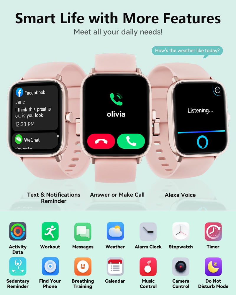 Smart Watch for Women Men, 1.85" HD Fitness Tracker for iPhone Android, Heart Rate/Sleep Monitor, Alexa Built-in, Bluetooth Calls & Text Alerts, 100+ Sports Modes, IP68 Waterproof
