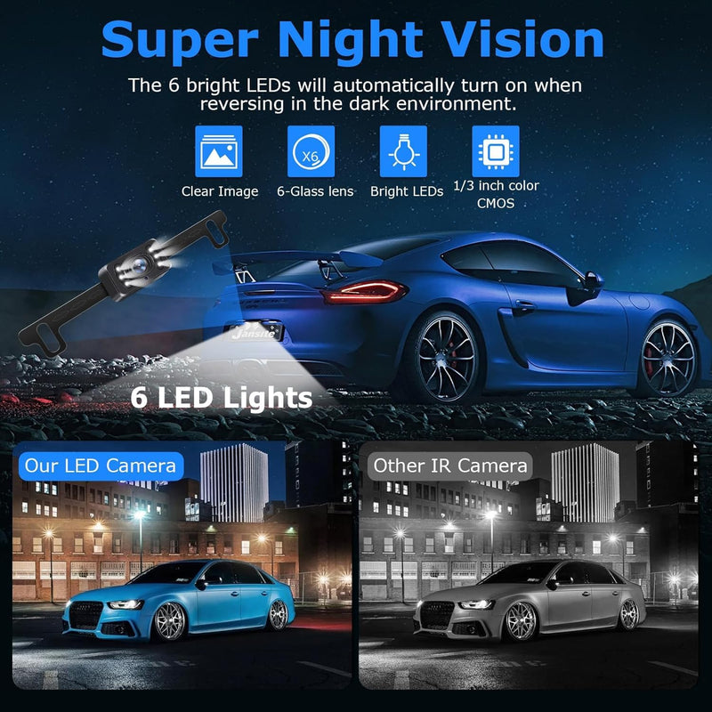 Wireless Backup Camera for Car【6 LED】 5'' AHD 1080P Back up Camera for Cars with Monitor Waterproof License Plate Reverse Camera for Truck Trailer RV Pickup DIY Guide Lines 5 inch