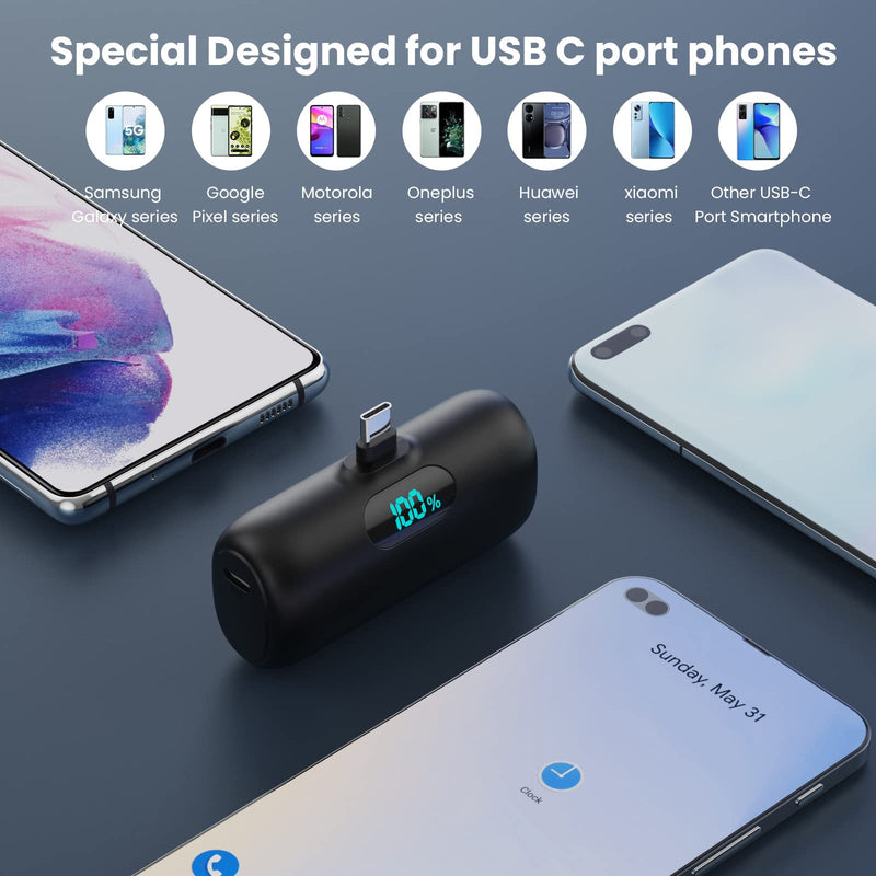 [AUSTRALIA] - Mini Portable Charger 5000mAh Power Bank,15W PD USB C Cell Phone Portable Power,LCD Display Battery Pack Compatible With iPhone 16/15/15 Plus/15 Pro/15 Pro Max/Android/Samsung/Moto/LG(Type-C Only) Black 
