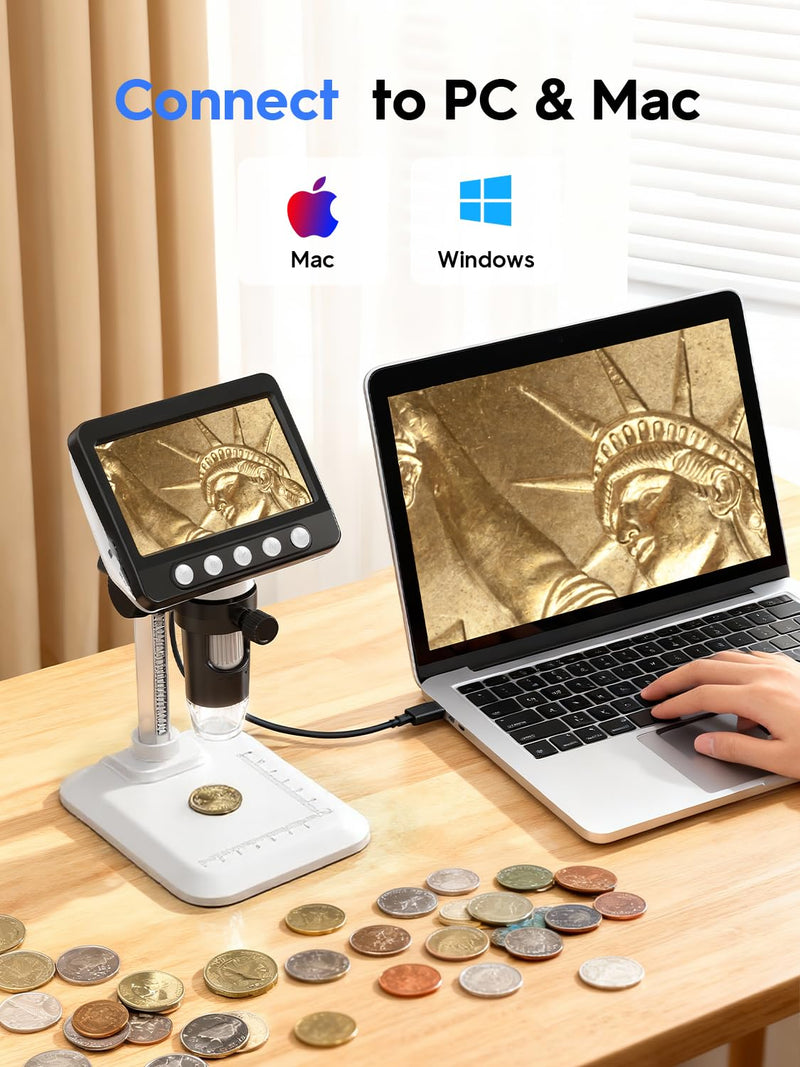 Coin Microscope for Error Coins, 4.3 inches 1080P LCD Digital Microscope, 50x-1000x Magnifier with 8 Adjustable LED Lights, PC View, Compatible with MacOS Windows for Adults Kids White