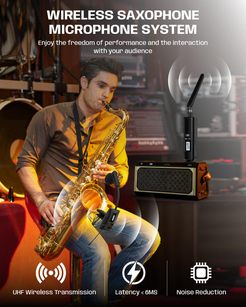 [AUSTRALIA] - Saxophone Microphone, UHF Rechargeable Wireless Instruments Microphone System with Transmitter and Receiver 196ft Range, Clip on Condenser Mic for Trumpet, Trombone, Saxofon, Most Brass Instruments U-720 Saxophone Microphone 