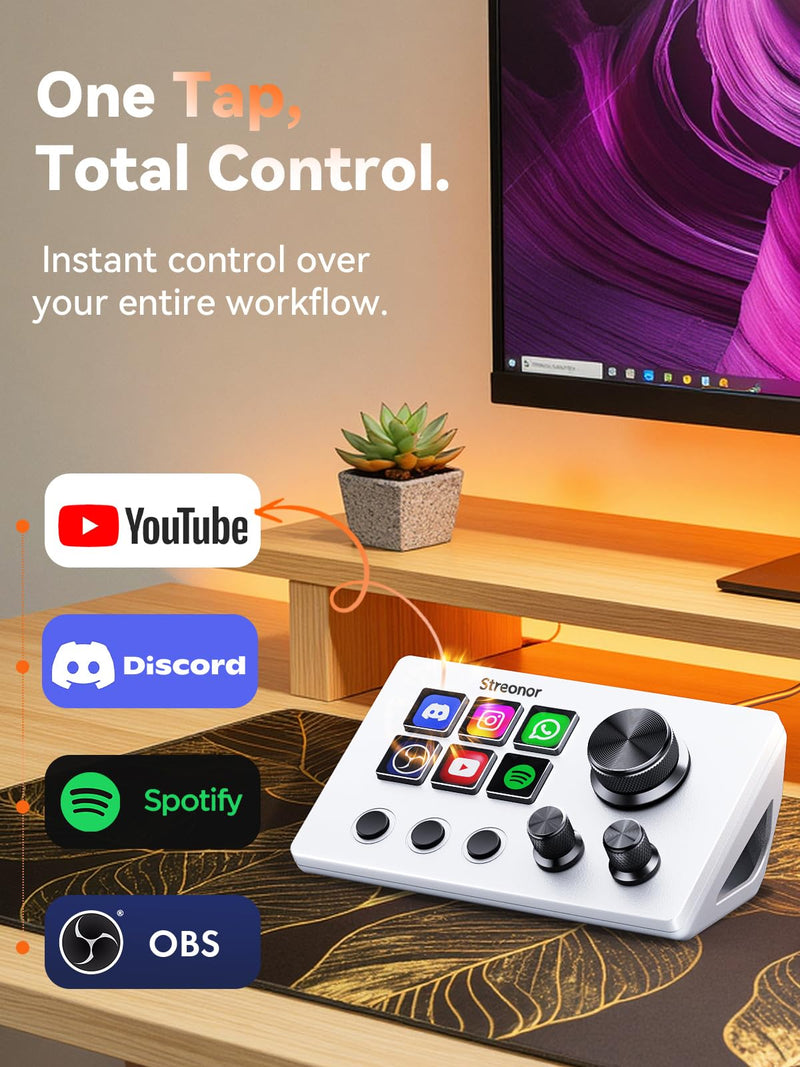 Streonor S6 Mini Stream Controller, Macro Keypad Shortcut Keyboard | 6 Customizable Keys, 3 Scene Keys & 3 Knobs, Compact Macro Deck for Live Streaming, Editing, Productivity, Windows & Mac White