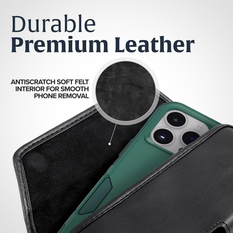 Turtleback Belt Holder for iPhone 16 Pro Max, 15 Pro Max, 14 Pro Max -Medium- Fits w/Shockproof Commuter Style Cases, Premium Black Leather Horizontal Case Magnetic Closure Leather Wrapped Clip Medium Horizontal - Leather w/ Leather Clip