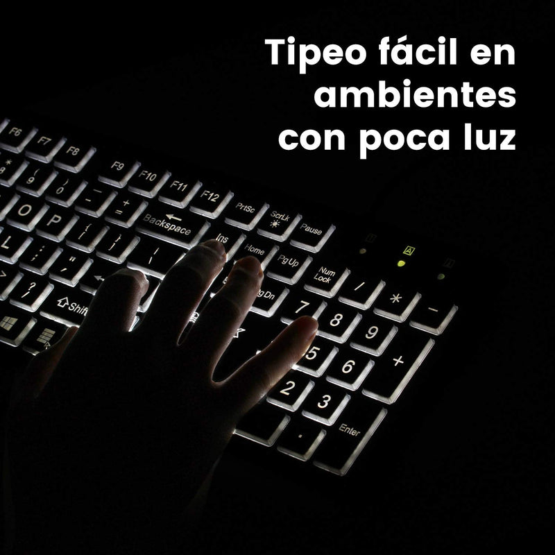 Perixx PERIBOARD-317ES es un teclado con cable y retroiluminado LED, Letras impresas en grande con iluminación blanca, Teclado Full Size, QWERTY Español
