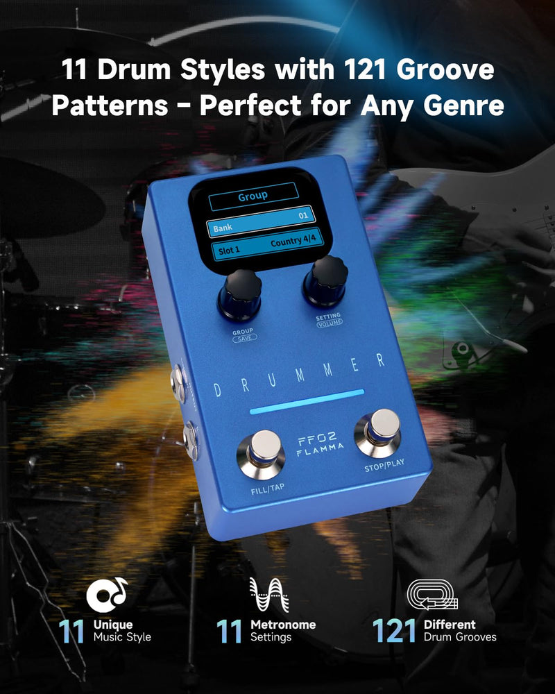FLAMMA FF02 Drum Machine Guitar Pedal - 121 Drum Grooves, 11 Music Genres, Tap Tempo, Adjustable Rhythms, Stereo I/O for Live & Studio Use Drum Blue