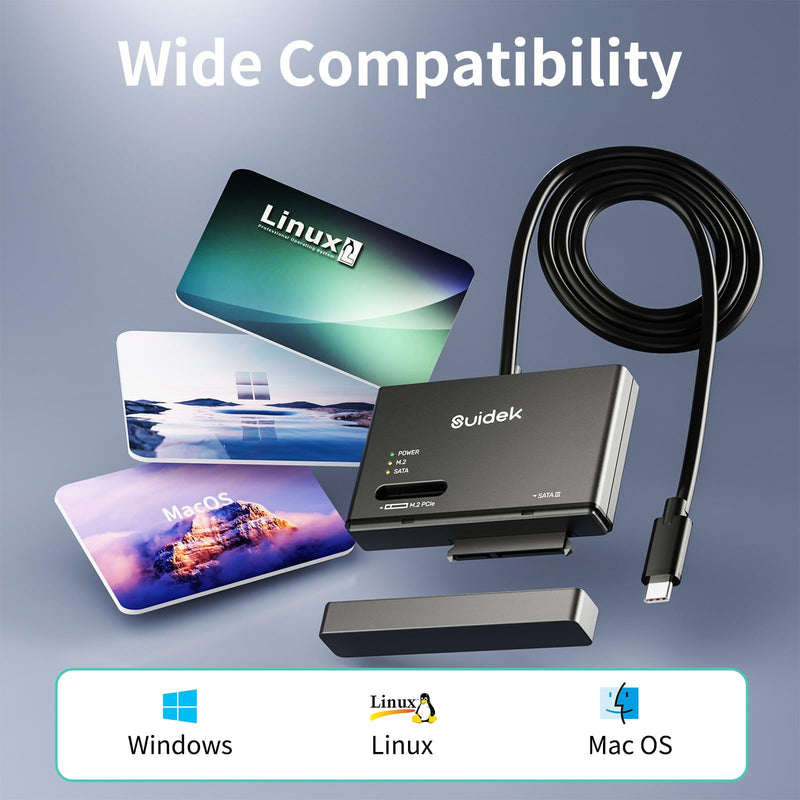 SUIDEK M.2 NVMe & SATA to USB C Adapter, 10Gbps External SSD Enclosure | Tool-Free Hard Drive Reader Compatible with M.2 (M Key & M+B Key) Any Sizes & 2.5/3.5" SATA SSD, Include 12V/2A Power Adapter Black