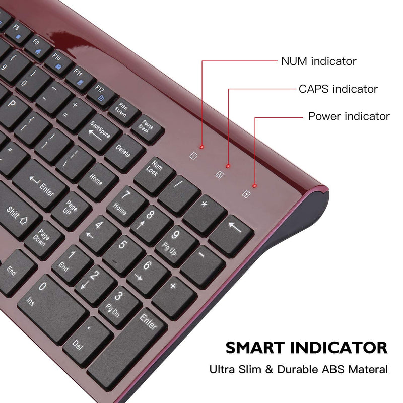 Wireless Keyboard Mouse Combo, cimetech Compact Full Size Wireless Keyboard and Mouse Set 2.4G Ultra-Thin Sleek Design for Windows, Computer, Desktop, PC, Notebook - (Wine red) Wine Red