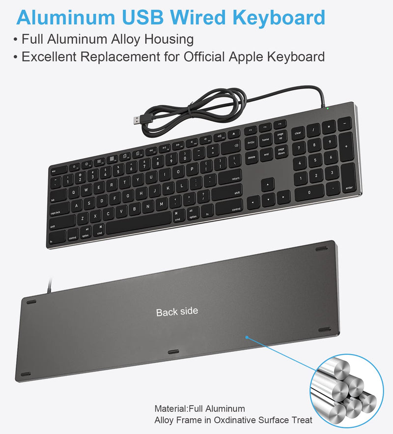 Wired Keyboard for Apple Mac OS Computer/Laptop, Aluminum Alloy Housing,150CM Cable Connection, Plug-N-Play USB Keyboard with Numeric Keypad Available to iMac/Mac Mini or MacBook Pro/Air-Black