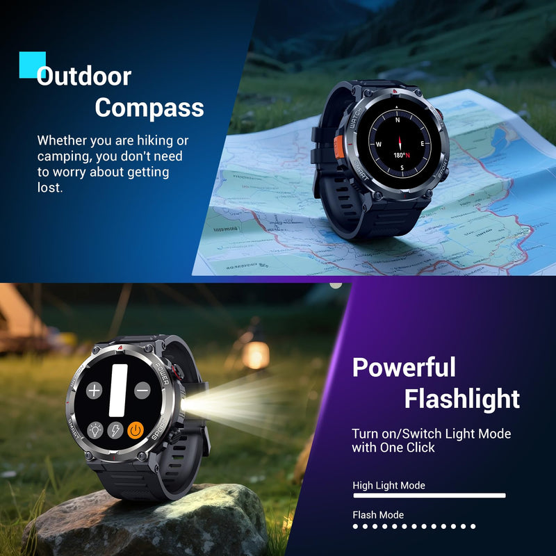 Military Smart Watch for Men(Answer/Make Calls),Outdoor Smartwatch with 100 Days Battery/Flashlight/Compass/Heart Rate/SpO2/Sleep Monitor/2 Straps, Rugged Fitness Watch for iPhone/Android Phones W50Pro-Black
