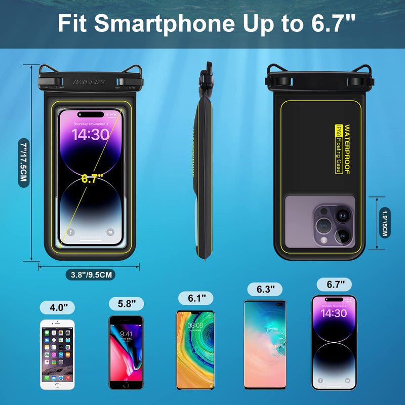 IP68 Floating Waterproof Phone Pouch, Universal Sponge Water Proof Cell Phone Case Bag with Adjustable Lanyard, Protector Pouch for iPhone 15 14 13 12 11 Pro Max Samsung Google, Up to 6.7'' Black 6.7"