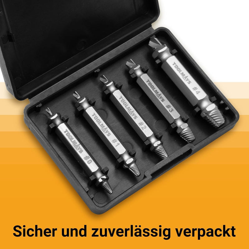 TOOLMAYS Screw Extractor Set, 5 Pieces Left Extractor Set, Max. Hardness up to 66 HRC, Damaged Screw Remover Extractor Set 2-in-1 solution