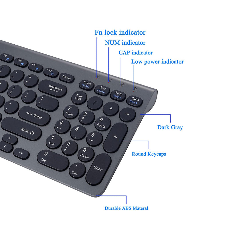 Wireless Keyboard and Mouse Combo, ACOZYKITTEN 2.4G Silent Keyboard and Mouse Set with USB Receiver, Round Keycap, Ultra-Thin Sleek Design for Windows, Computer, Desktop, PC, Laptop (Black+Dark Gray) Dark Gray