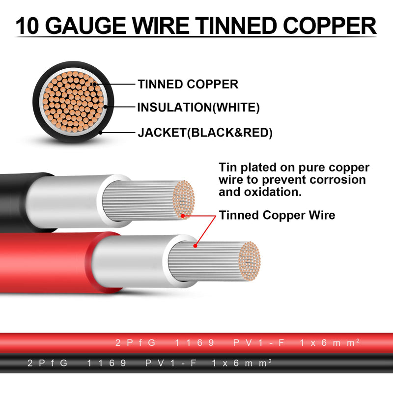 iGreely Solar Panel Extension Cable - 10 Feet 10AWG(6mm²) Solar Extension Cable with Female and Male Connector Solar Panel Wiring Wire Adapter (10FT Red + 10FT Black) 10Ft 10AWG