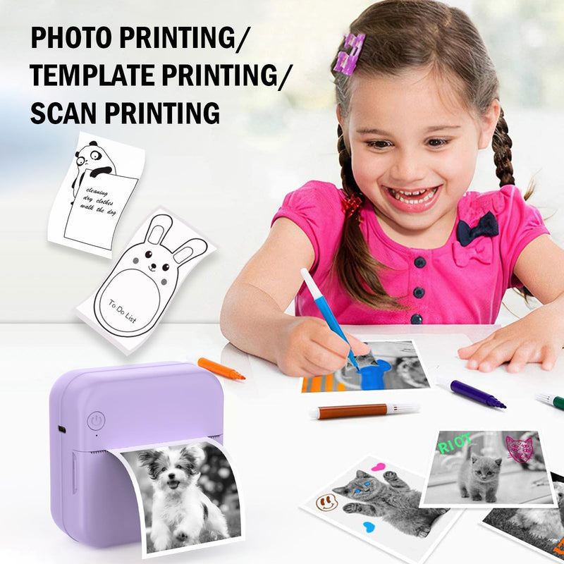 Mini Sticker Printer - Mini Pocket Printer for iPhone Thermal Printer with 10 Rolls Thermal Paper for Journal, Memo, Photo, Purple