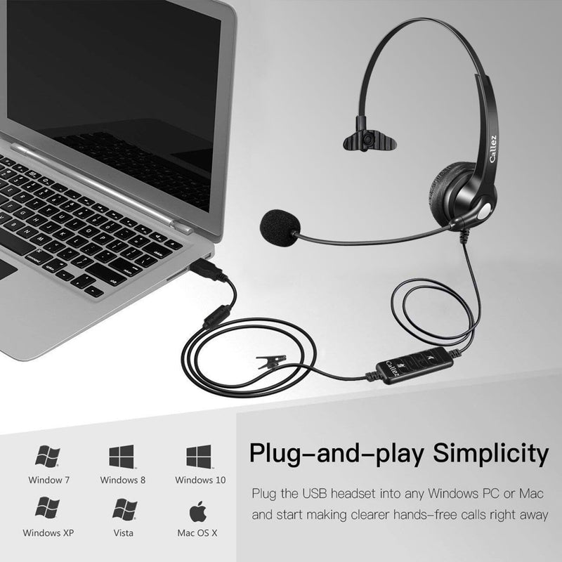 Callez USB Headset with Microphone Noise Cancelling & Audio Controls, Wideband Computer Headphones for Business UC Skype Lync Softphone Call Center Office, Clearer Voice, Super Light, Ultra Comfort Black