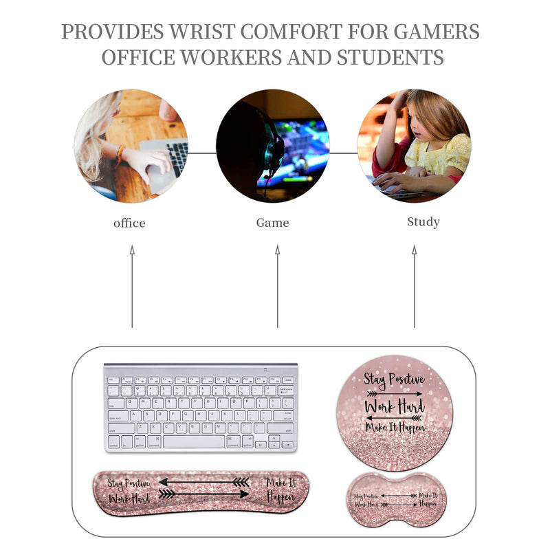 Ergonomic Mouse Pad with Wrist Support Set and Keyboard Wrist Rest Set for Laptop, Gaming and Office, Comfortable and Pain Relief + Coaster ，Stay Positive Work Hard and Make It Happen Pink Glitter Yu-mouse Pad-ba4