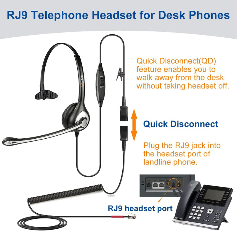 Wantek Yealink Phone Headset with Quick Disconnect Cord, RJ9 Office Telephone Headsets with Mic Noise Cancelling Compatible with Yealink VoIP Phone T21P T42S T46S T48S T27G T53W T54W Grandstream Snom Monaural Black
