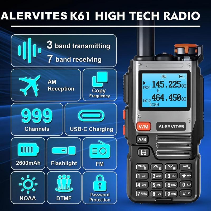 BaoFeng Radio Ham Radio Handheld K61 8W Rechargeable Walkie Talkies 2600mAh NOAA Weather Receiver 999CH Two Way Radio 2 Way Radio Long Range with Earpiece,USB-C Charger for Hunting Camping