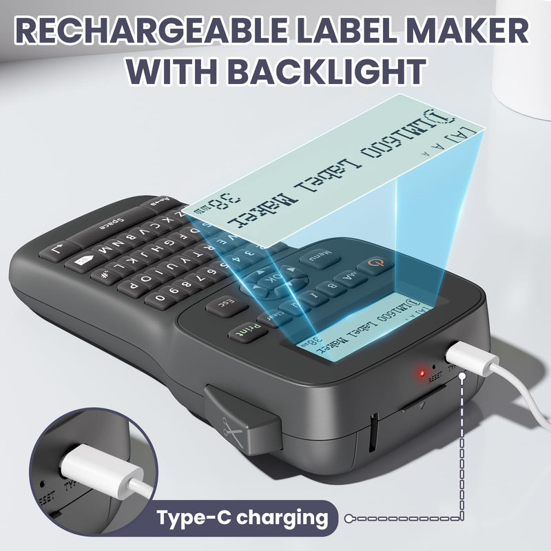 [AUSTRALIA] - Label Maker Machine with Tapes Waterproof, Rechargeable Label Maker Portable, Keyboard Label Maker with Backlit Screen, Bluetooth Labeler for School Office Industrial Use, LM1600 Black 