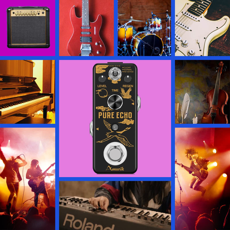 Amuzik Pure Echo Guitar Effect Pedal Analog Digital Delay Effects Pedals for Clear Normal Reverse 3 Modes with Ture Bypass Mini Size