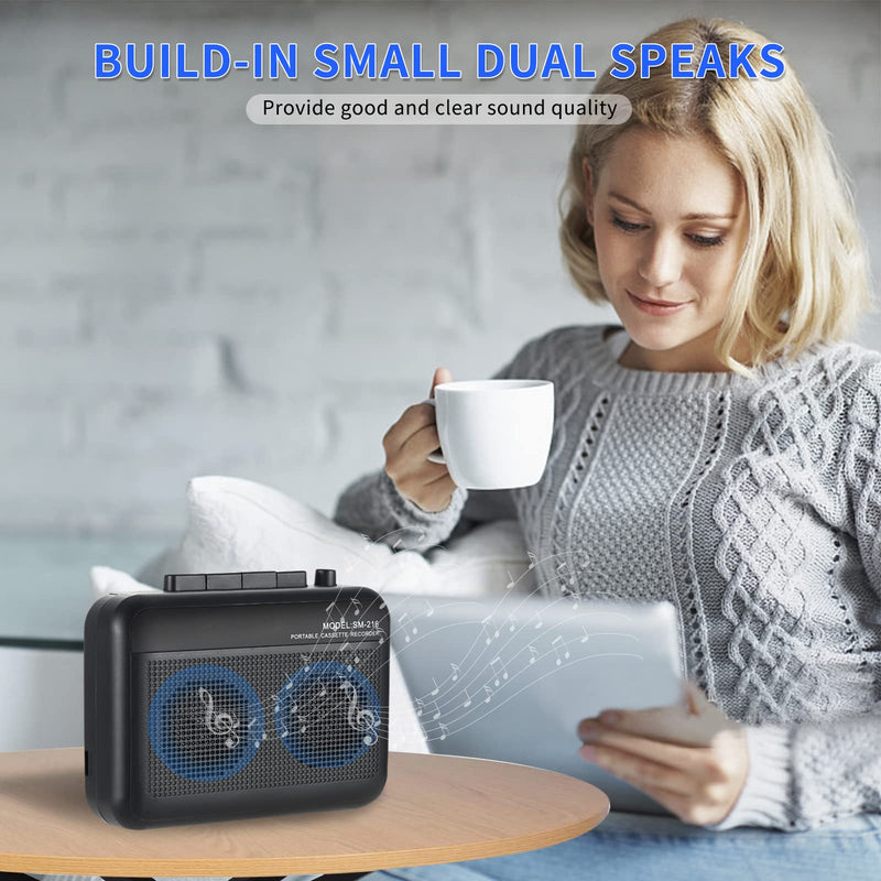 [AUSTRALIA] - Portable Cassette Player Recorder with Bluetooth Transmitter, Small Cassette Tape Player with Headphone Jack, Build-in Speaker, Microphone Jack, Powered by AC Adapter or AA Battery- Black 