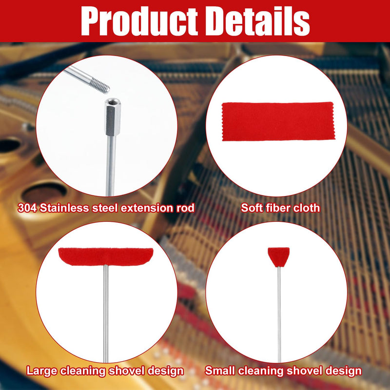 4pcs Grand Piano Soundboard Cleaning Tools, Big & Small Brush Head Cleaning Tool with Extension Rod and Soft Fiber Cloth Piano Cleaning Kit Piano Soundboard Cleaner