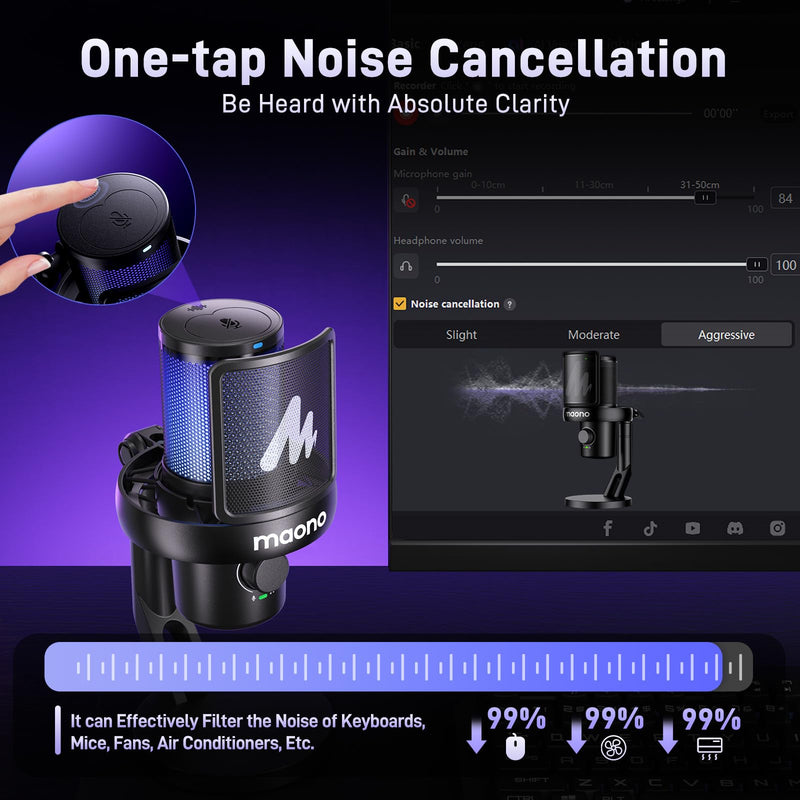 MAONO Wireless Microphone for PC,Gaming Streaming Condenser Mic with Software AI Voice Change,3-Level Noise Cancellation,Custom EQ,Gain Control USB Mic for Podcast Recording (DM40-Black) DM40 AI Mic DM40-Black