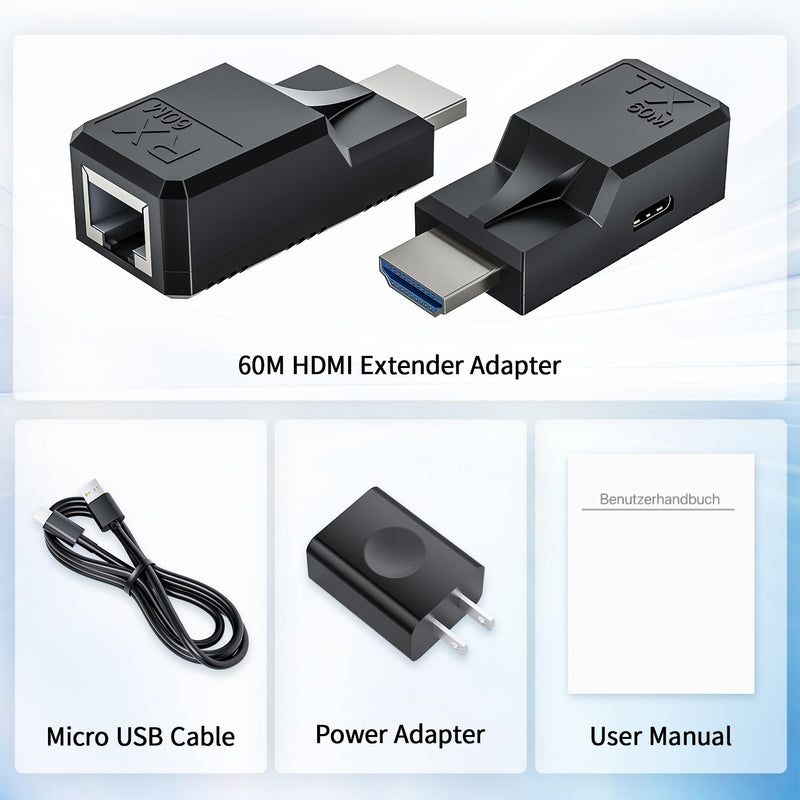 196FT HDMI Extender Over Single Ethernet Cat5e/6 Cable, Support Audio Video UHD 1080P@60Hz, HDMI Male to Male RJ45 Network LAN Extender 60M Converter Repeater, for HDTV, PC, PS3/4, Projector, Monitor 60M Extender Adapter