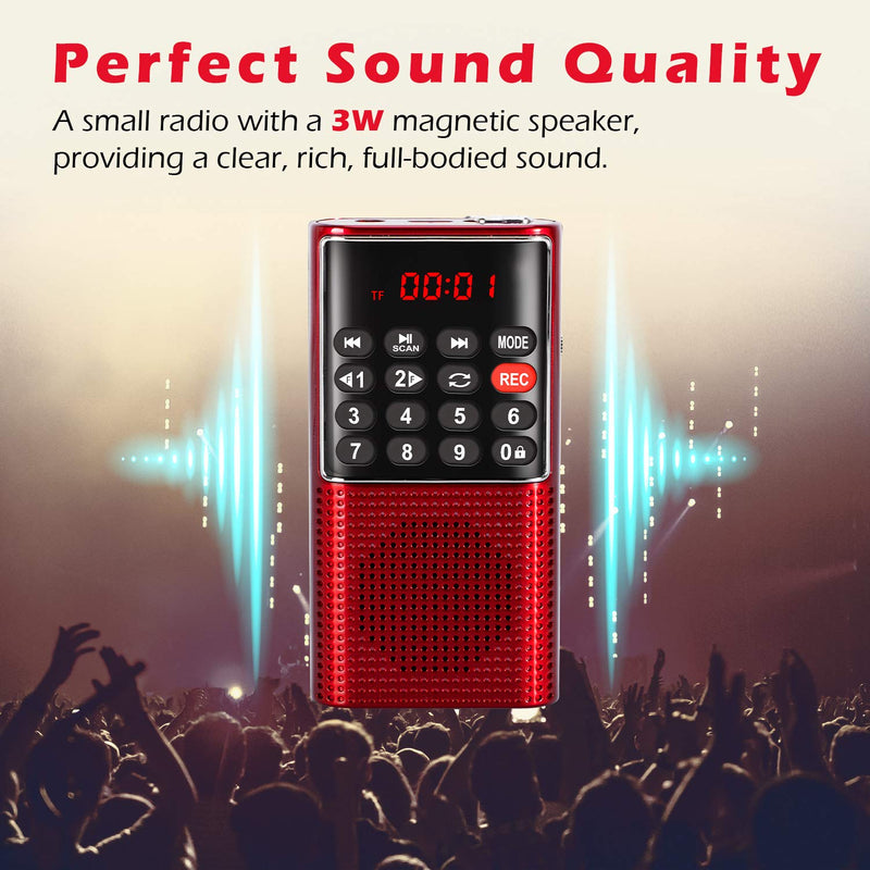 PRUNUS J-328 Mini Portable Pocket FM Radio MP3 Walkman Radio with Recorder, Gifts for Mom, Lock Key, SD Card Player, Rechargeable Battery Operated(NO AM) Red