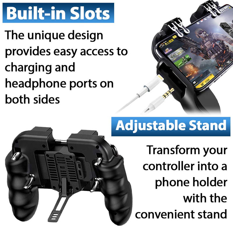 4 Trigger Mobile Game Controller with Cooling Fan Adjustable Stand for PUBG/Call of Duty/Fotnite [6 Finger Mode] GAMR+ L1R1 L2R2 Gaming Grip Gamepad Black