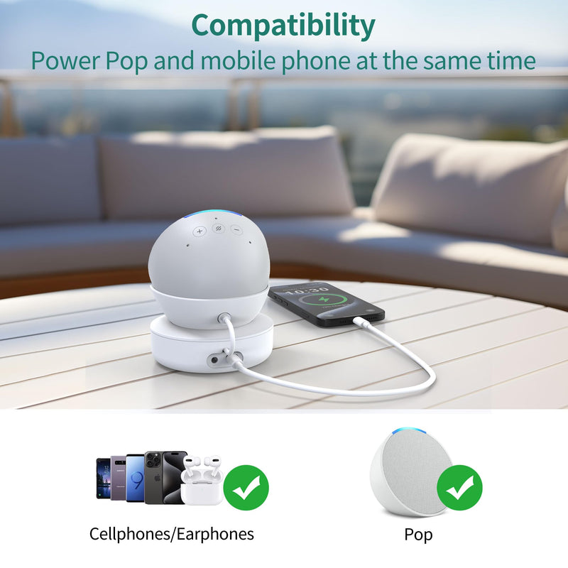 PlusAcc Battery Base for Pop - 5000mAh Portable Charger Stand with 9 Hours Playback Playtime with USB-C Output Port, Charging Dock for iPhone Samsung and Other Smart Electronic Accessories (White) White